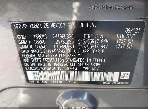 3CZRU6H36NM708443 2022 HONDA HR-V Gray ძრავის განყოფილების ხედი