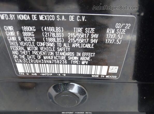 3CZRU6H39NM758236 2022 HONDA HR-V Black Engine compartment view