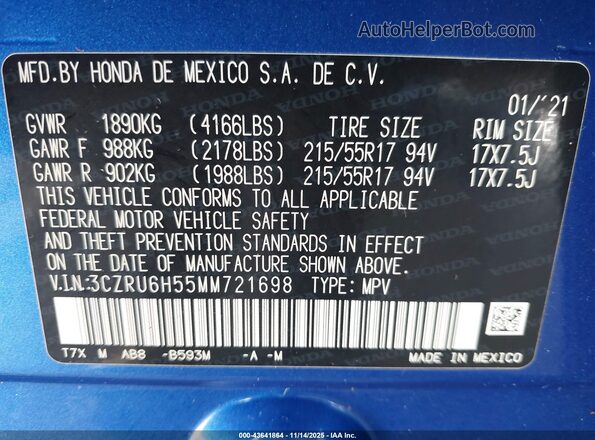 3CZRU6H55MM721698 2021 HONDA HR-V Blue Вид підкапотного простору