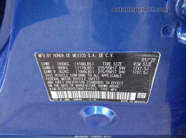 3CZRU6H55NM744352 2022 HONDA HR-V Blue 