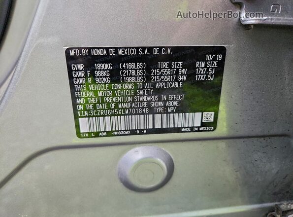 3CZRU6H5XLM701848 2020 HONDA HR-V Серебряный Вид наклейки с VIN-кодом
