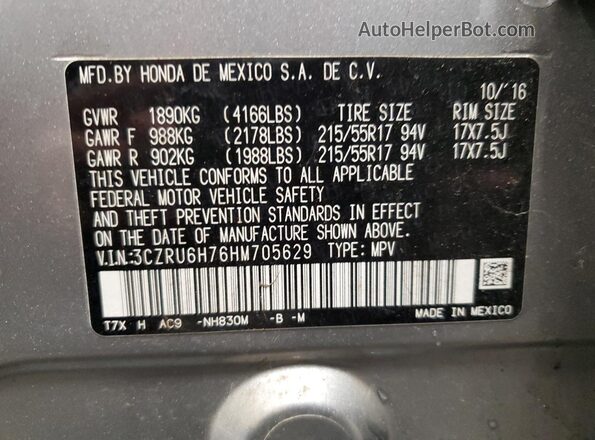 3CZRU6H76HM705629 2017 HONDA HR-V Gray Widok naklejki z numerem VIN