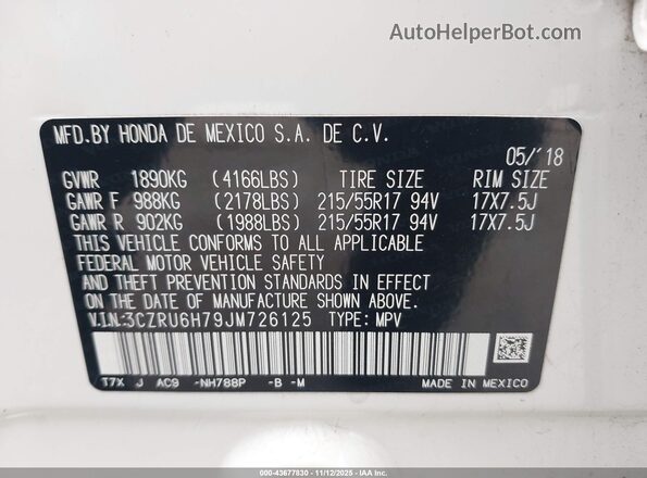 3CZRU6H79JM726125 2018 HONDA HR-V White 