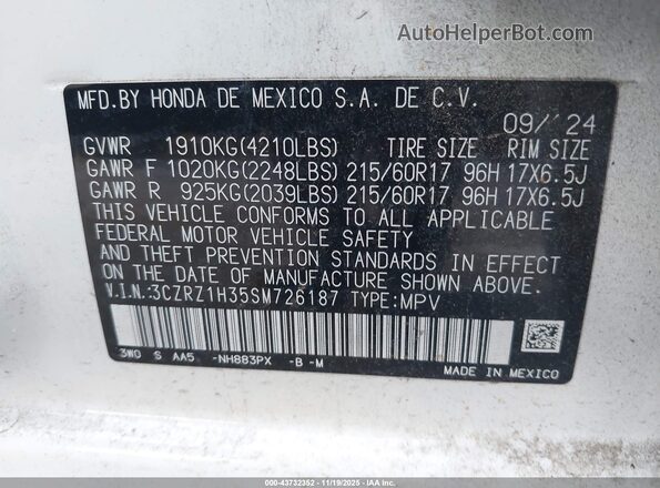 3CZRZ1H35SM726187 2025 HONDA HR-V White Widok komory silnika