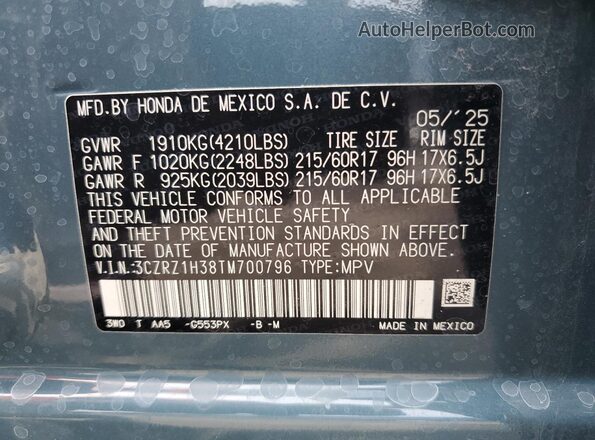 3CZRZ1H38TM700796 2026 HONDA HR-V Синий Вид наклейки с VIN-кодом