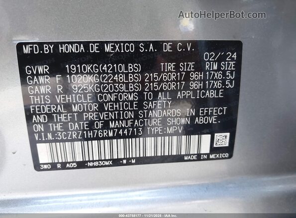 3CZRZ1H76RM744713 2024 HONDA HR-V Silver 
