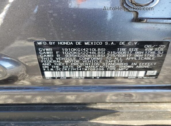 3CZRZ2H34TM708206 2026 HONDA HR-V Silver Vista de la etiqueta del VIN