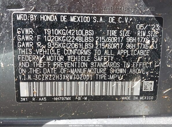 3CZRZ2H3XRM702001 2024 HONDA HR-V Gray 