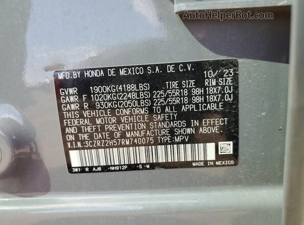 3CZRZ2H57RM740075 2024 HONDA HR-V Gray Вид наклейки з VIN-кодом