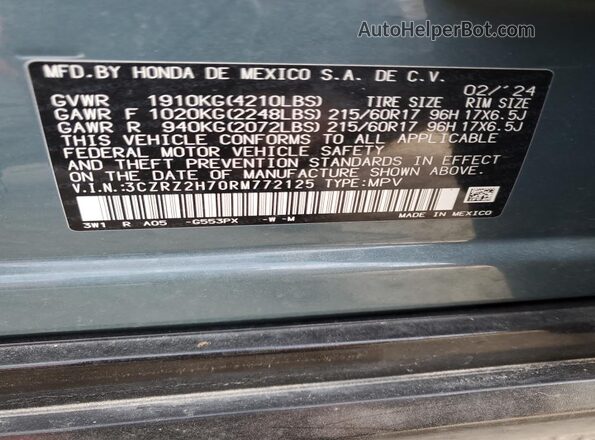 3CZRZ2H70RM772125 2024 HONDA HR-V Teal Вид наклейки з VIN-кодом