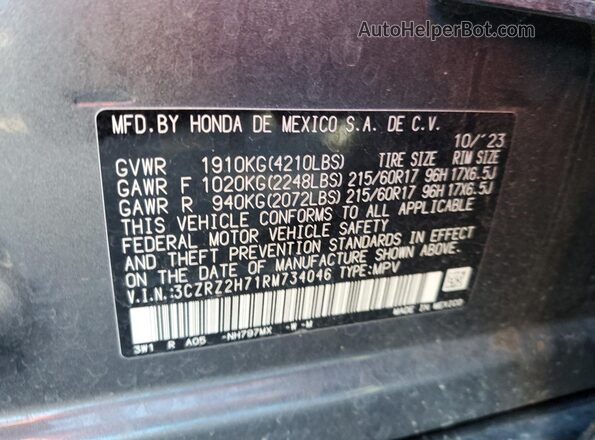 3CZRZ2H71RM734046 2024 HONDA HR-V Gray VIN კოდის სტიკერის ხედი