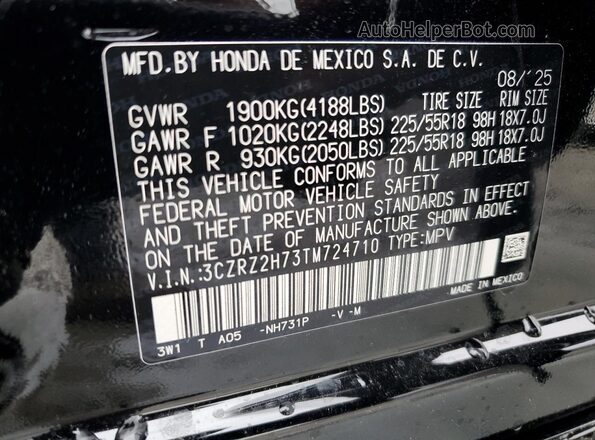 3CZRZ2H73TM724710 2026 HONDA HR-V Black VIN կոդի պիտակի տեսք