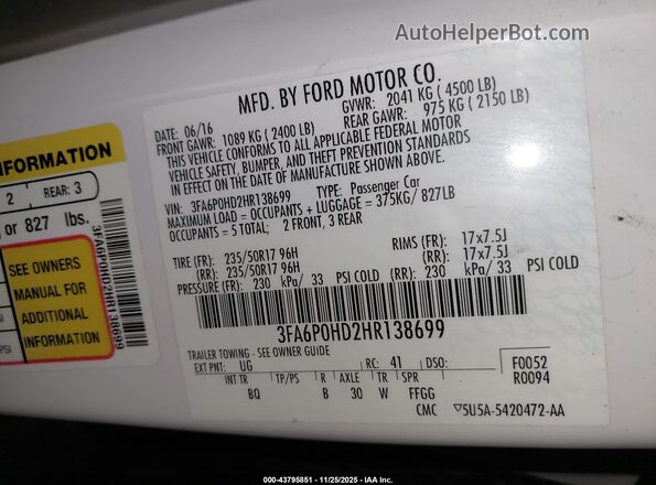 3FA6P0HD2HR138699 2017 FORD FUSION Белый 