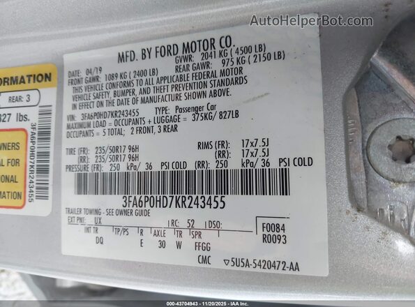 3FA6P0HD7KR243455 2019 FORD FUSION Silver ძრავის განყოფილების ხედი