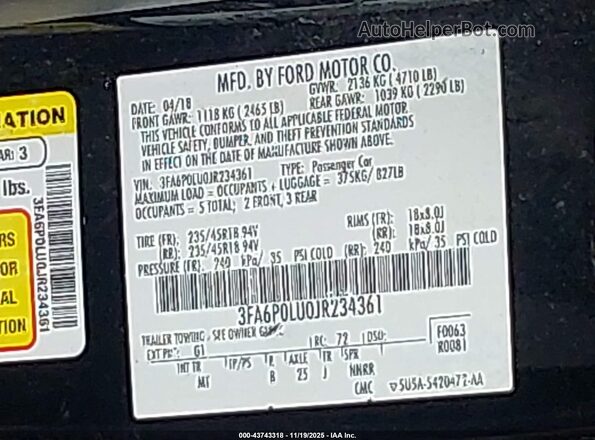 3FA6P0LU0JR234361 2018 FORD FUSION HYBRID Black 