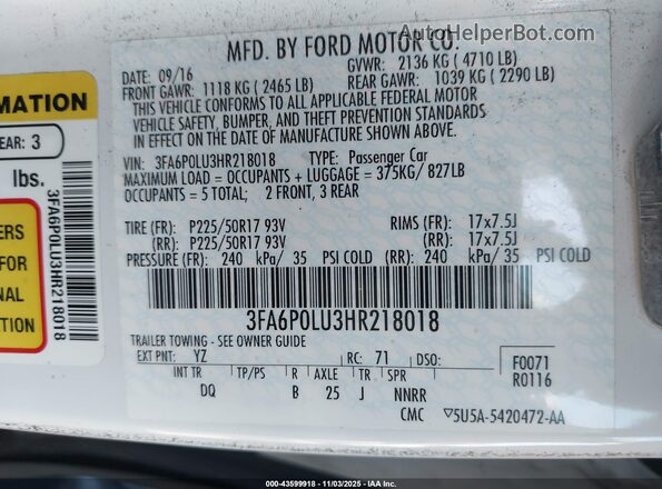 3FA6P0LU3HR218018 2017 FORD FUSION HYBRID White Շարժիչի բաժամունքի տեսք