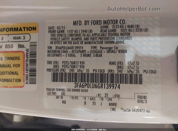 3FA6P0LU6GR139974 2016 FORD FUSION HYBRID White Widok komory silnika