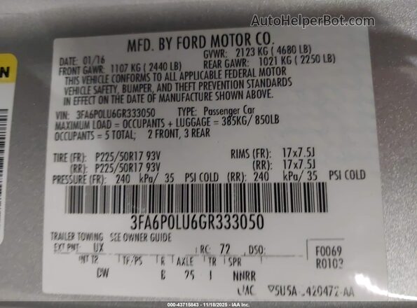 3FA6P0LU6GR333050 2016 FORD FUSION HYBRID Silver Widok komory silnika