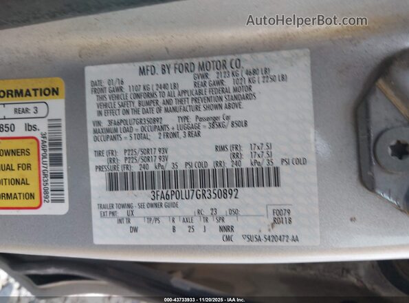 3FA6P0LU7GR350892 2016 FORD FUSION HYBRID Silver Widok komory silnika