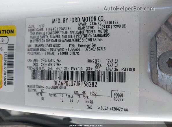 3FA6P0LU7JR158282 2018 FORD FUSION HYBRID White Vista del compartimento del motor