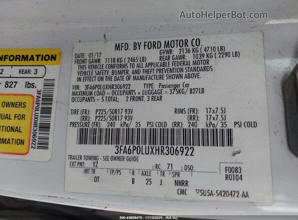 3FA6P0LUXHR306922 2017 FORD FUSION HYBRID White Вид підкапотного простору