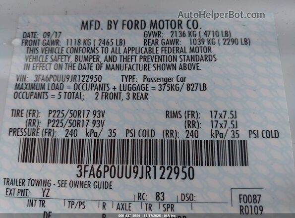 3FA6P0UU9JR122950 2018 FORD FUSION HYBRID Белый 