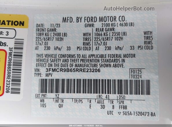 3FMCR9B65RRE23206 2024 FORD BRONCO SPORT White Engine compartment view