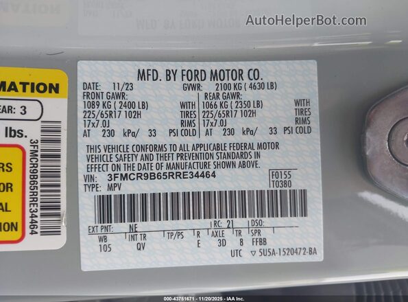 3FMCR9B65RRE34464 2024 FORD BRONCO SPORT Серый 