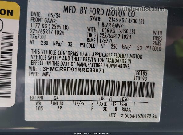 3FMCR9D91RRE89971 2024 FORD BRONCO SPORT Blue ძრავის განყოფილების ხედი
