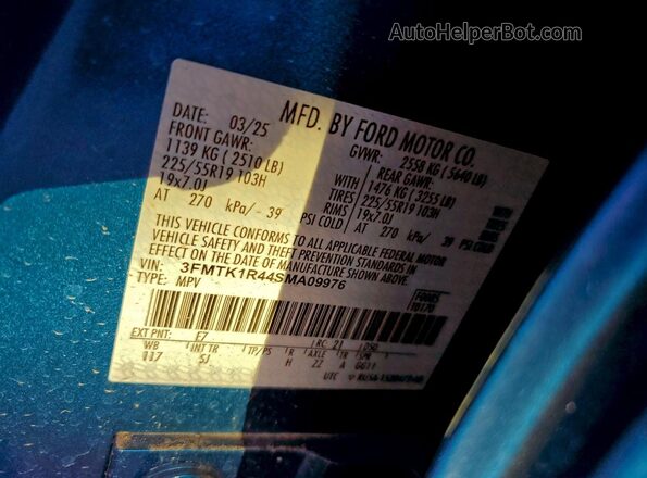 3FMTK1R44SMA09976 2025 FORD MUSTANG Blue Vista de la etiqueta del VIN