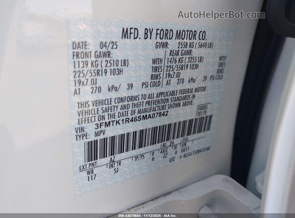 3FMTK1R46SMA07842 2025 FORD MUSTANG MACH-E White ძრავის განყოფილების ხედი