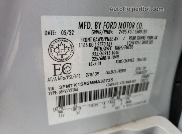 3FMTK1SS2NMA32735 2022 FORD MUSTANG White Вид наклейки з VIN-кодом