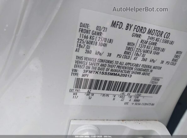 3FMTK1SS5MMA20013 2021 FORD MUSTANG MACH-E White ძრავის განყოფილების ხედი