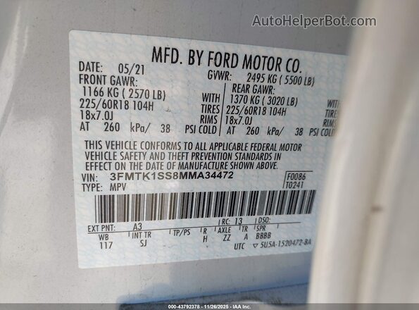3FMTK1SS8MMA34472 2021 FORD MUSTANG MACH-E White 