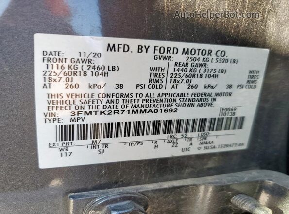 3FMTK2R71MMA01692 2021 FORD MUSTANG Gray Вид наклейки з VIN-кодом