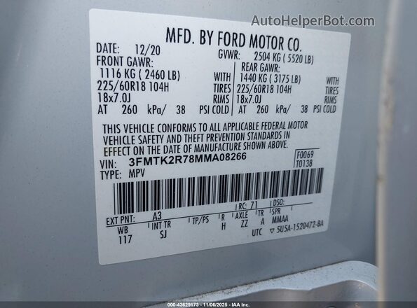 3FMTK2R78MMA08266 2021 FORD MUSTANG MACH-E White 