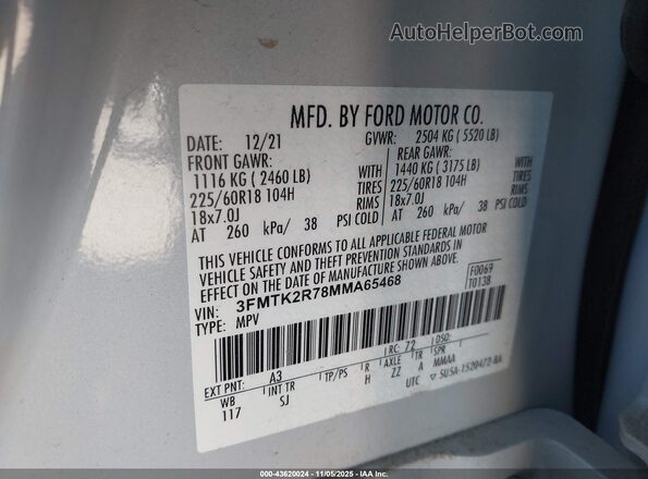 3FMTK2R78MMA65468 2021 FORD MUSTANG MACH-E White ძრავის განყოფილების ხედი