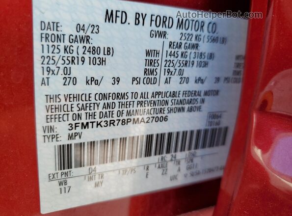 3FMTK3R78PMA27006 2023 FORD MUSTANG MACH-E PREMI Red Widok naklejki z numerem VIN