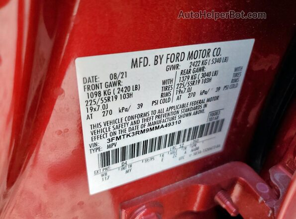 3FMTK3RM9MMA49310 2021 FORD MUSTANG MACH-E PREMI Красный Вид наклейки с VIN-кодом