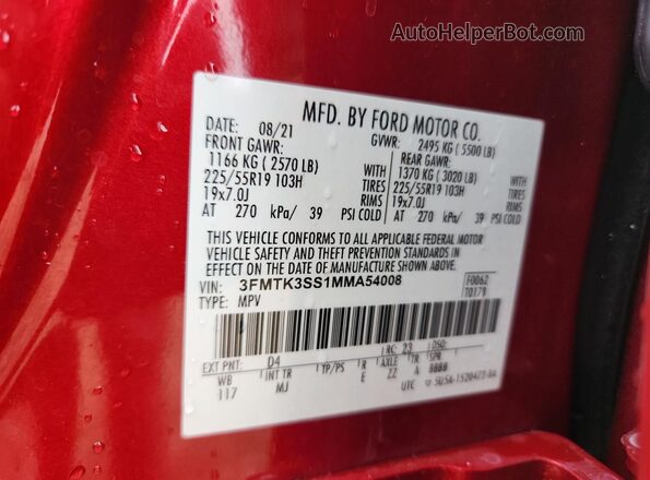 3FMTK3SS1MMA54008 2021 FORD MUSTANG MACH-E PREMI Red Vista de la etiqueta del VIN