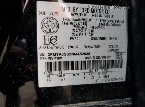 3FMTK3SS2NMA52835 2022 FORD MUSTANG MACH-E PREMI Черный Вид наклейки с VIN-кодом
