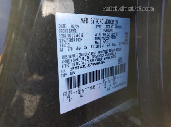 3FMTK3SU5PMA61386 2023 FORD MUSTANG MACH-E PREMI Черный Вид наклейки с VIN-кодом