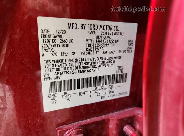 3FMTK3SU6MMA07266 2021 FORD MUSTANG MACH-E PREMI Red Vista del compartimento del motor