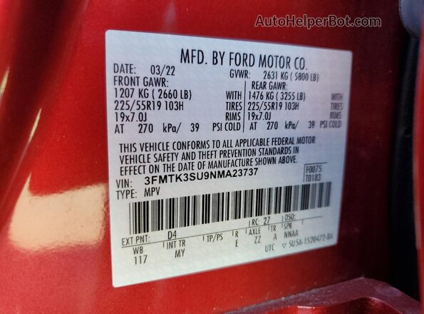 3FMTK3SU9NMA23737 2022 FORD MUSTANG MACH-E PREMI Red 