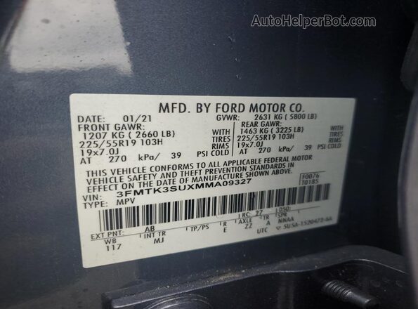 3FMTK3SUXMMA09327 2021 FORD MUSTANG MACH-E PREMI Blue Vista de la etiqueta del VIN