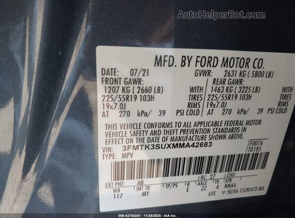 3FMTK3SUXMMA42683 2021 FORD MUSTANG MACH-E PREMI Gray Вид підкапотного простору