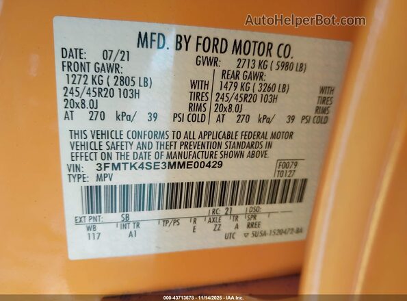 3FMTK4SE3MME00429 2021 FORD MUSTANG MACH-E Yellow Widok komory silnika
