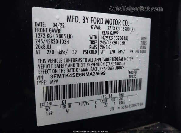 3FMTK4SE6NMA25699 2022 FORD MUSTANG MACH-E Черный 