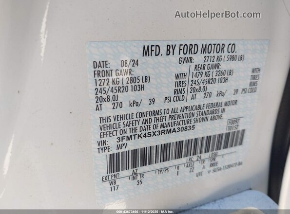 3FMTK4SX3RMA30835 2024 FORD MUSTANG MACH-E White Engine compartment view