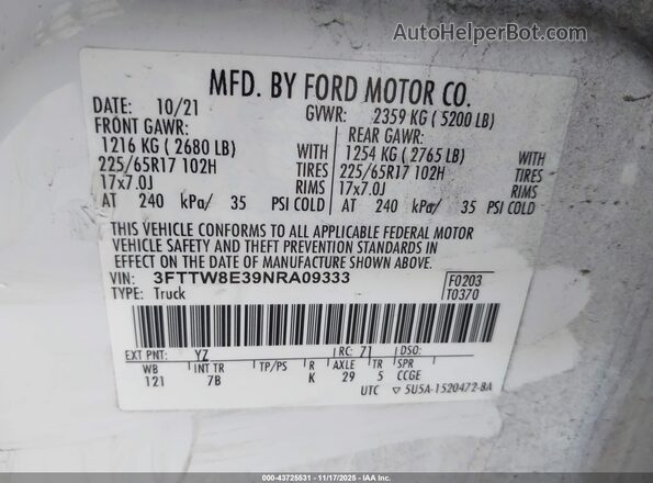 3FTTW8E39NRA09333 2022 FORD MAVERICK Белый Вид подкапотного пространства